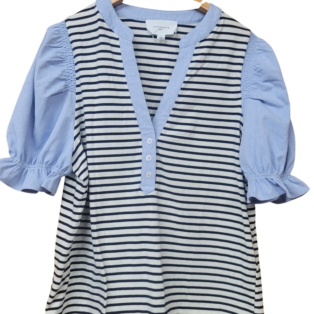 Pomander Place Grandmillenial Coastal Striped Mixed Media Puff Sleeve Top Large